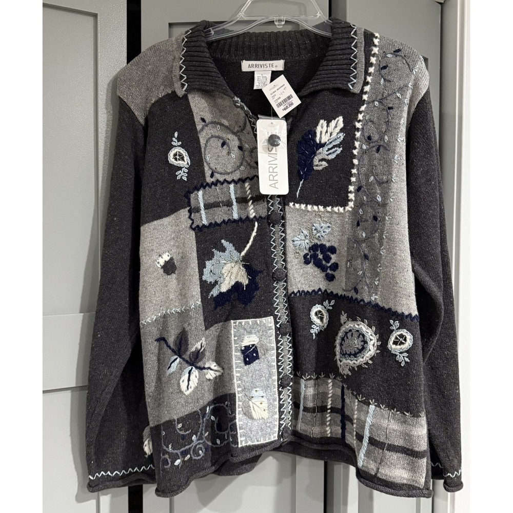 Y2K Embroidered Patchwork Cardigan Fall Harvest Leaves Arriviste Teacher Large